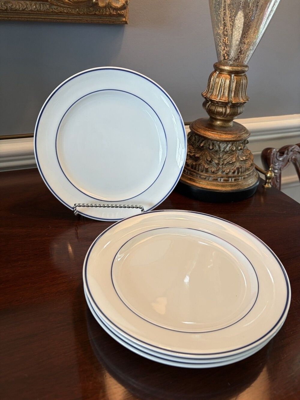 R6L1 by Royal Limoges Salad Plates France Blue & White Trim with Verge Set of 4